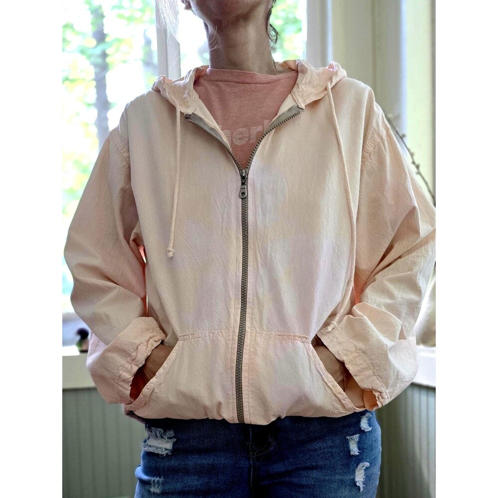 Crinkled Textured Cotton Lightweight Hooded Jacket Light Pink / Beige S M Vintag